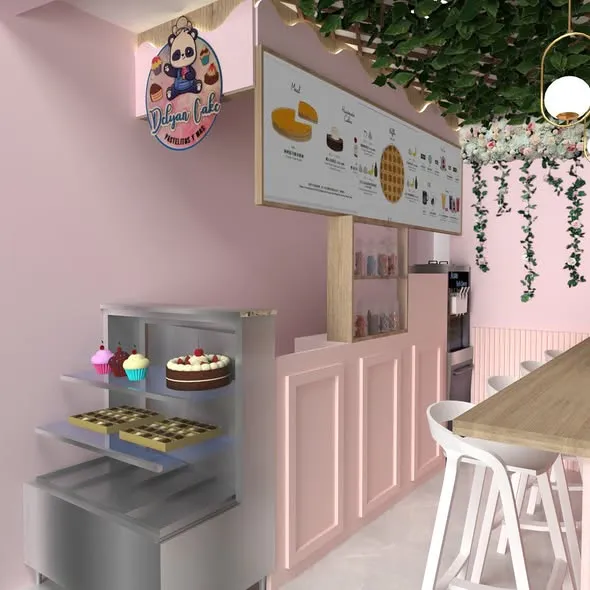Render 3D de una cafetería con muros rosados, barra alta de madera, vitrina de postres y follaje colgante