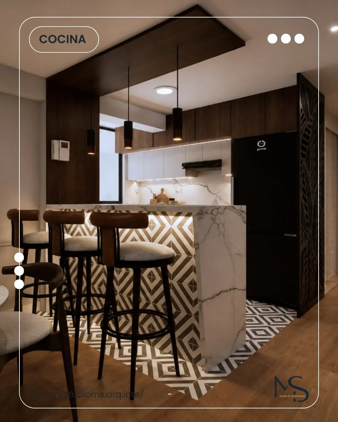 Render 3D de una cocina con barra, taburetes tapizados, piso de mosaico geométrico y muebles en madera oscura