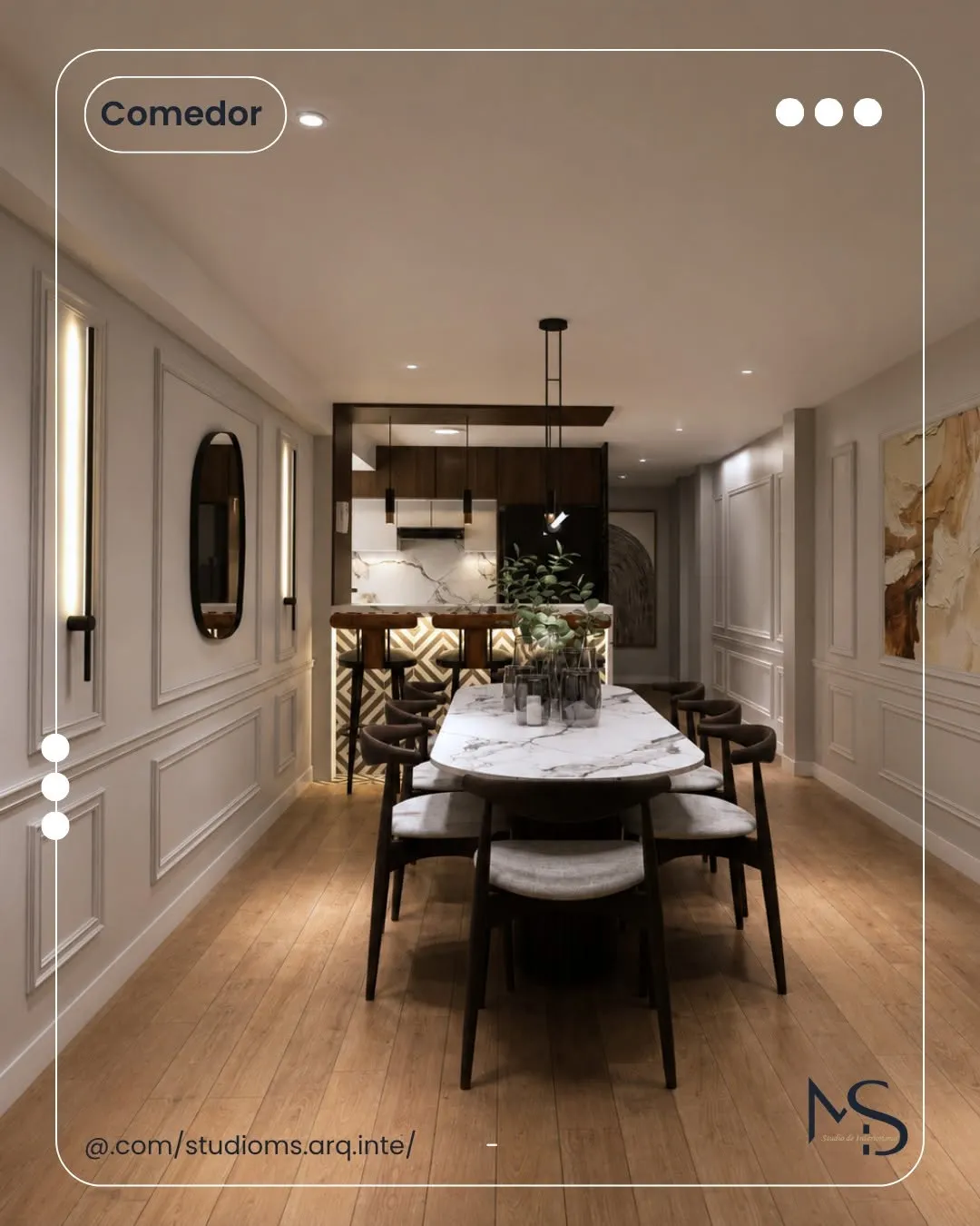 Render 3D de un comedor de estilo clásico con boiserie blanca, mesa ovalada y lámpara de brazos