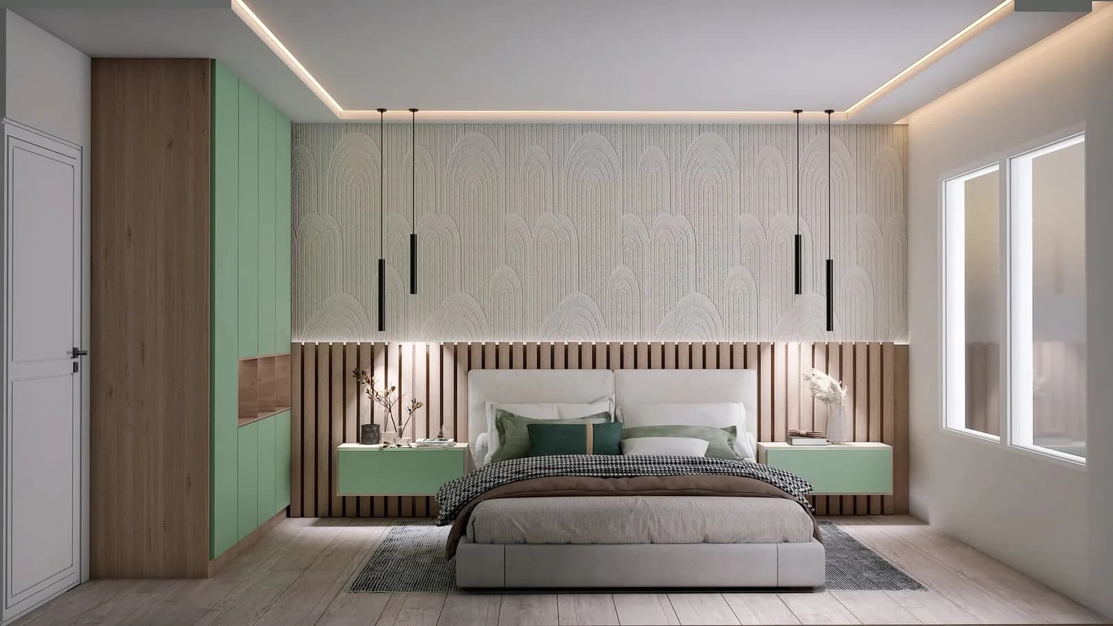 Render 3D de un dormitorio con cabecera de listones de madera, cove de luz cálida y paleta verde salvia