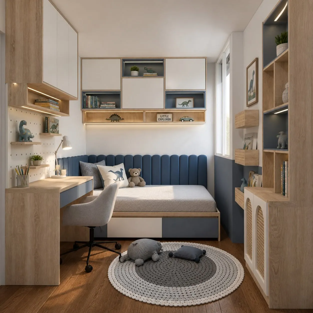 Render 3D de un dormitorio juvenil en tonos azules con escritorio, repisas y cama con almacenamiento