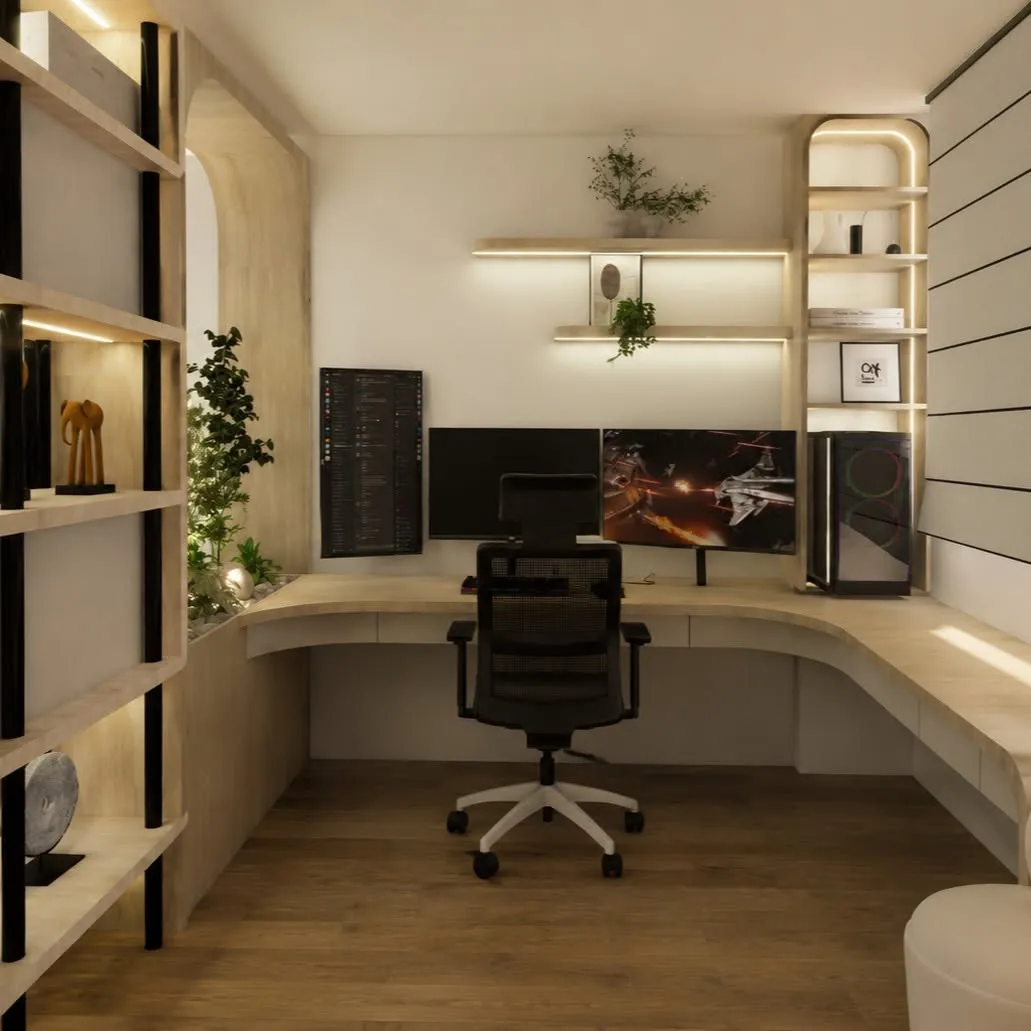 Render 3D de un home office con escritorio en L, estantería de marco negro y panel de listones