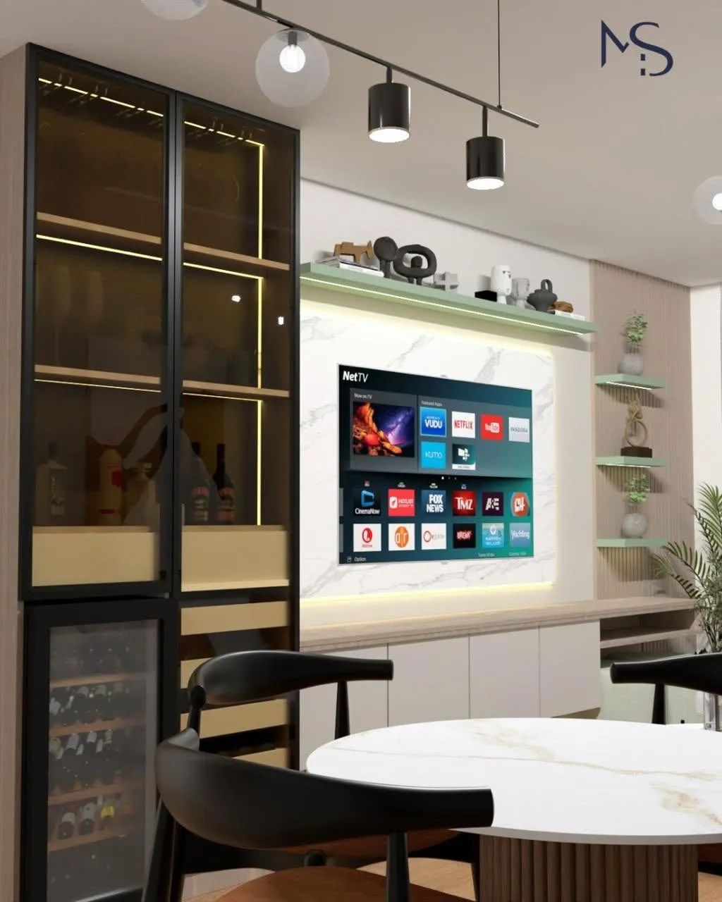 Render 3D de una sala comedor con muro de TV en marco negro y dorado, cava de vino integrada y mesa redonda