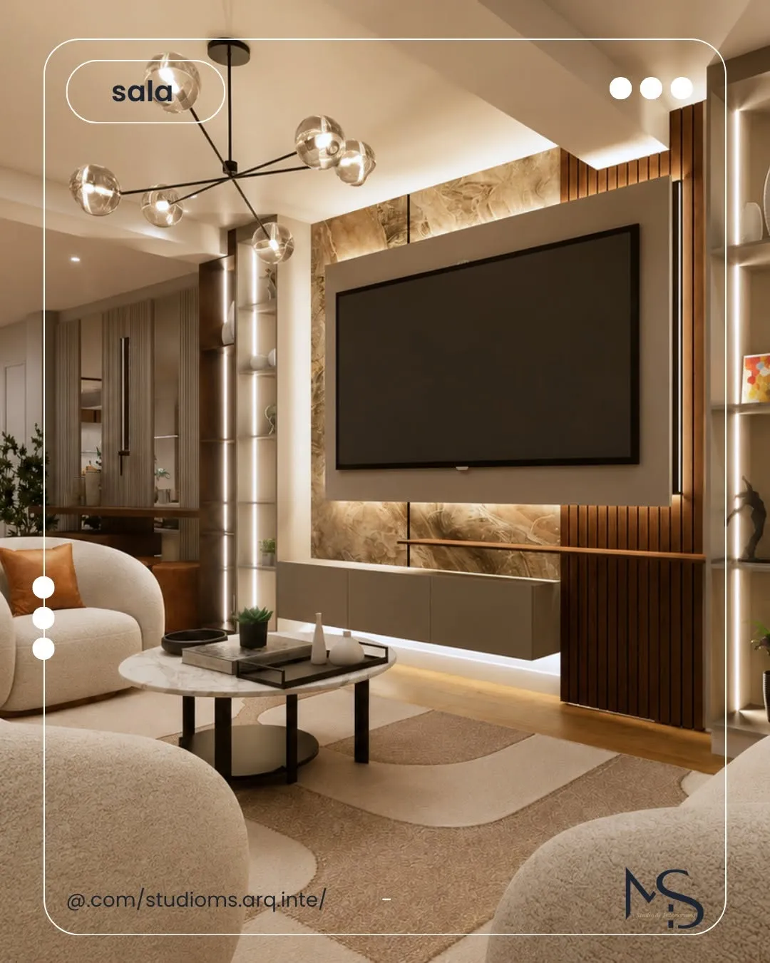 Render 3D de una sala con muro de TV en madera, lámpara colgante y mesa de centro redonda
